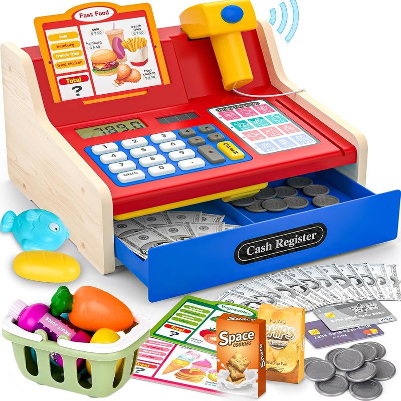 maysida Store Rechargeable Wooden Cash Register for Kids, Pretend Play Calculator Cash Register Toys with Scanner, Play Money&Credit Card, Play Cash Register, Toddler Boys Girls Age 2-4 4-8 - Image 1